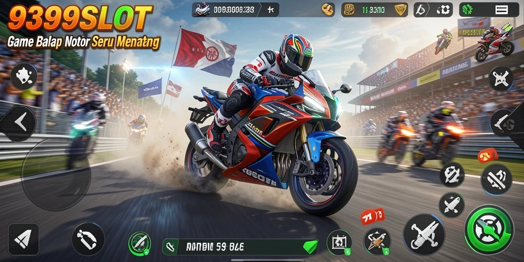 Screenshot gameplay 9399SLOT menampilkan balapan motor yang seru dan mendebarkan.