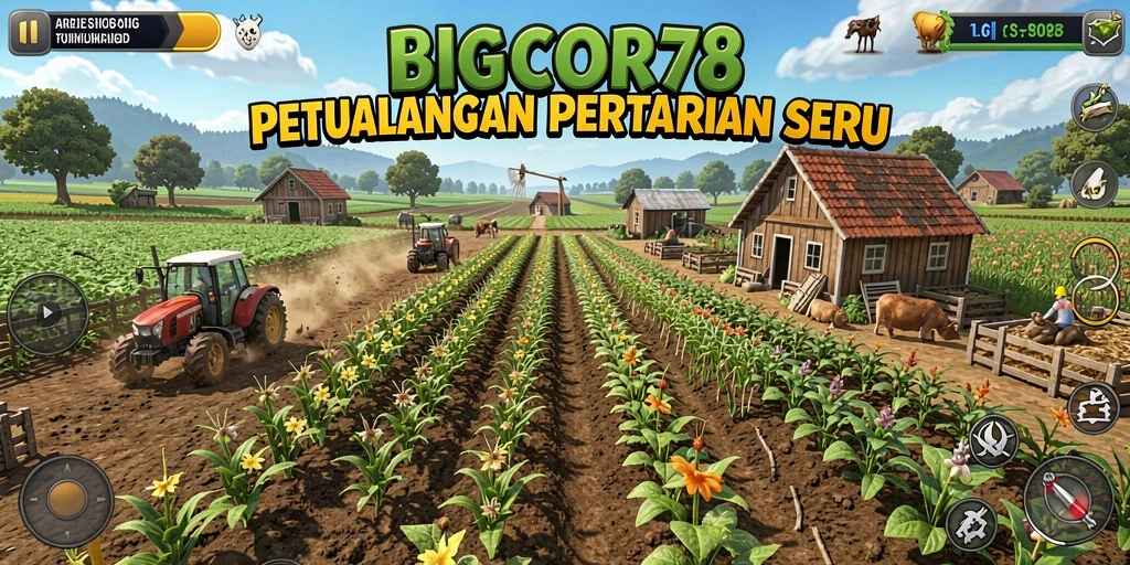 Screenshot gameplay BIGCOR78 memperlihatkan lahan pertanian yang subur dan berbagai aktivitas bertani.