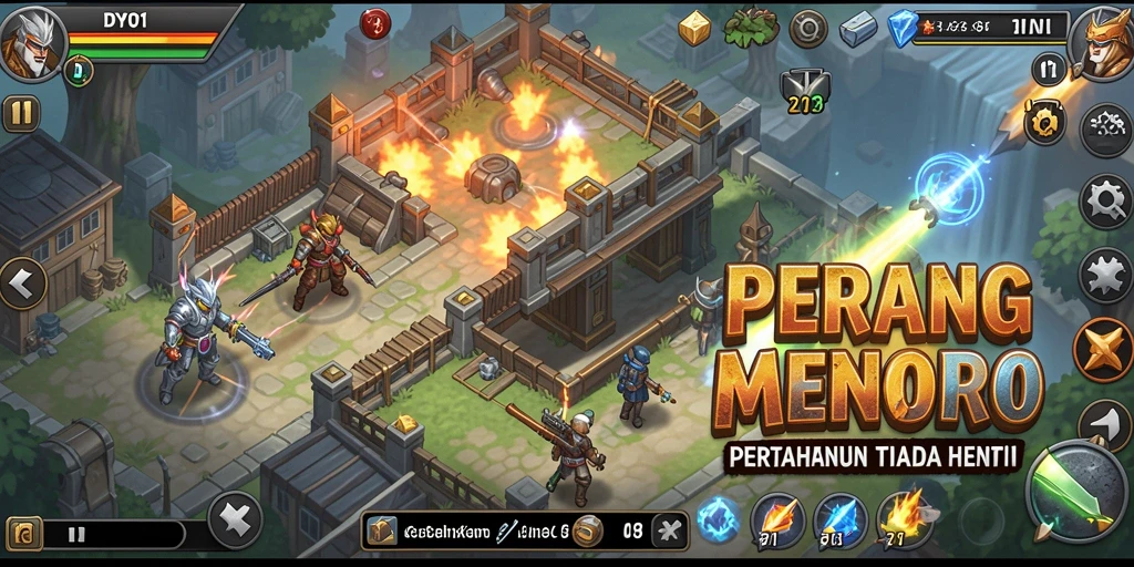 Screenshot DY01 menampilkan pertempuran intens dengan menara pertahanan yang strategis.