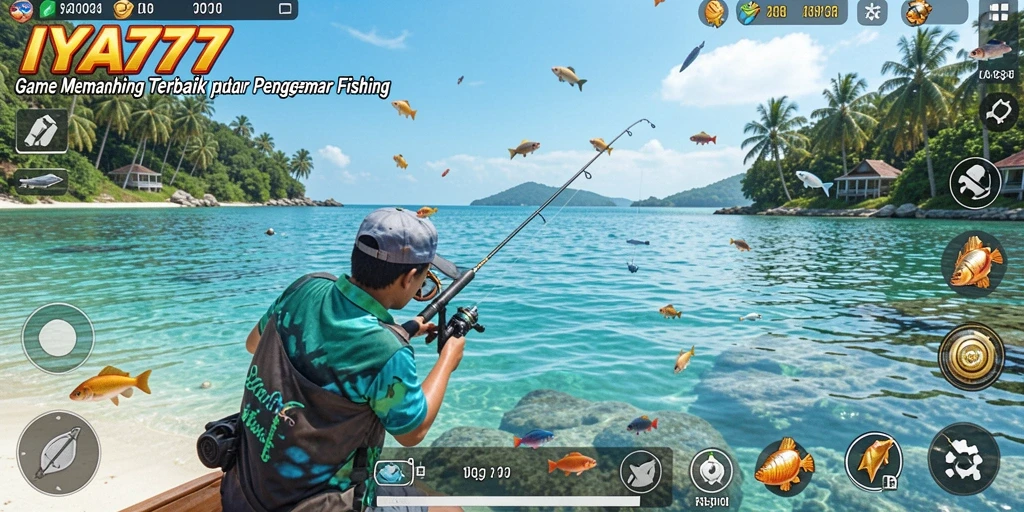 Screenshot IYA777 menampilkan aksi memancing yang seru di lokasi indah.