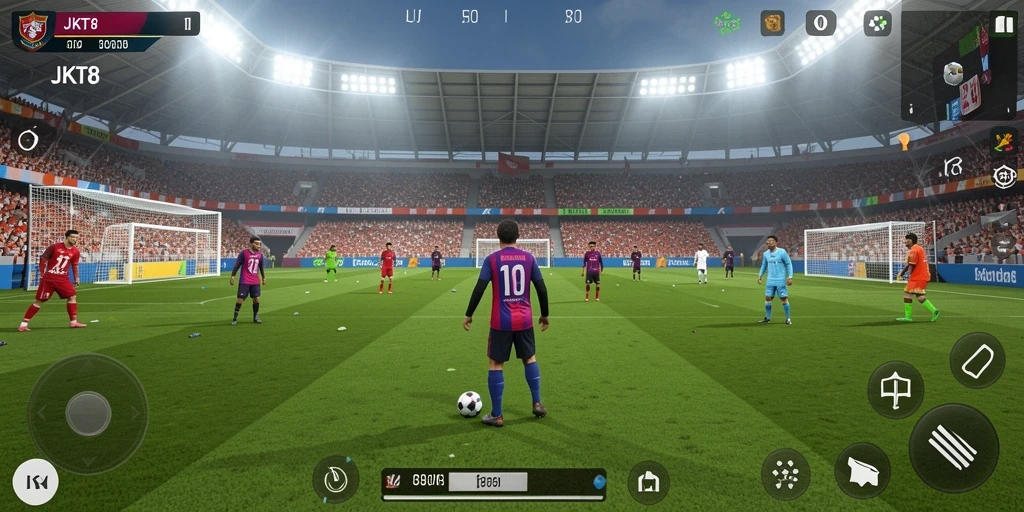 Screenshot utama JKT8 menunjukkan aksi seru di lapangan sepak bola.