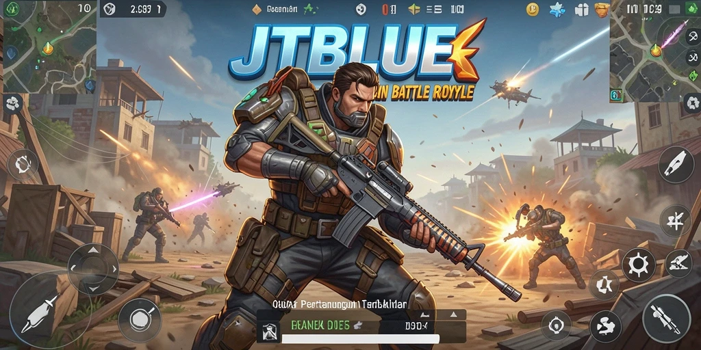 Tangkapan layar gameplay JTBLUE yang menunjukkan pertarungan seru di arena Battle Royale.