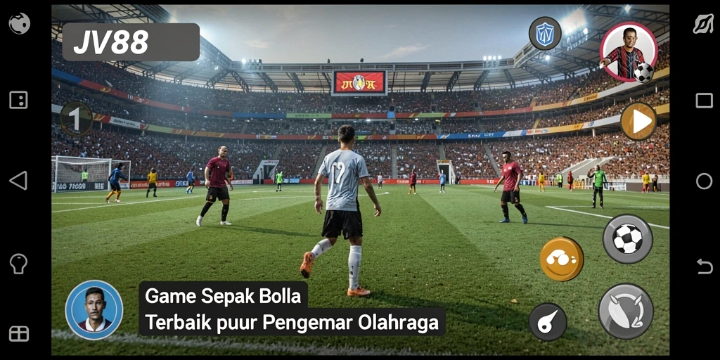 Screenshot gameplay JV88 menunjukkan aksi intens dalam pertandingan sepak bola.
