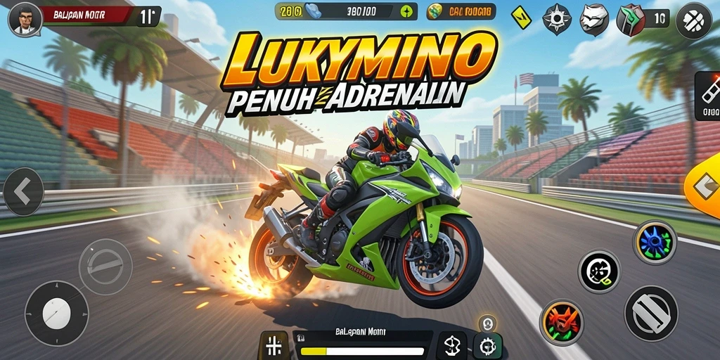 Tampilan gameplay <strong>LUKYMINO</strong> saat aksi balapan yang menegangkan.