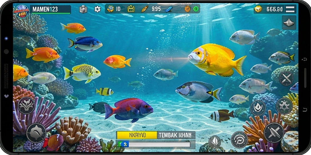 Screenshot MAMEN123 menampilkan aksi seru saat memburu ikan di bawah laut.