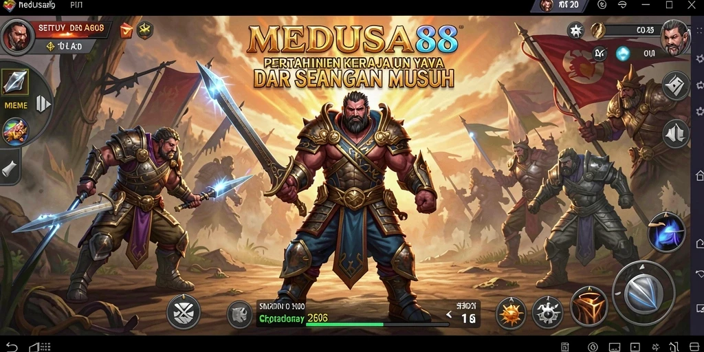 Tampilan aksi pertempuran di MEDUSA88 dengan menara yang strategis.