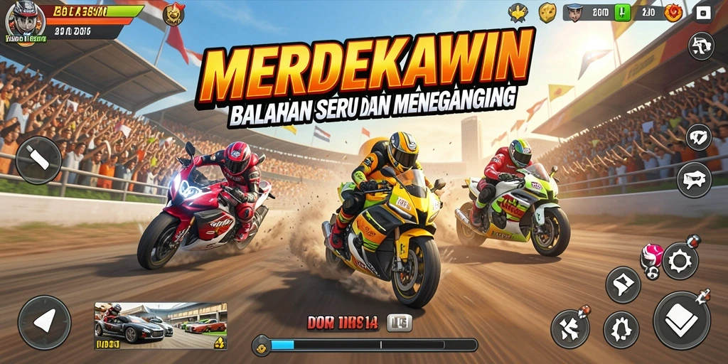 Screenshot gameplay MERDEKAWIN yang menampilkan aksi balapan seru.
