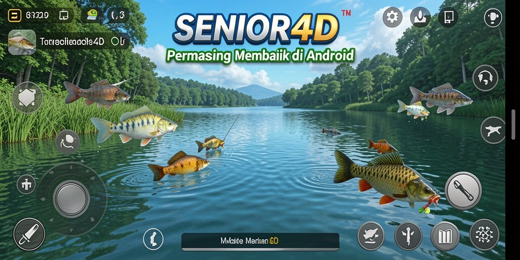 Screenshot utama SENIOR4D menampilkan momen memancing seru di danau.